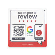 White 4x4 inch acrylic review plate for Google Reviews, Speech Bubble design with QR code and NFC tap mark