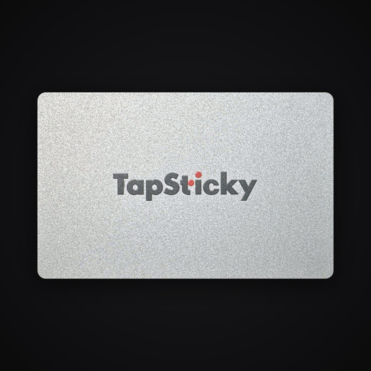 Silver hybrid stainless steel NFC business card, about 1 mm thick, with a printed logo