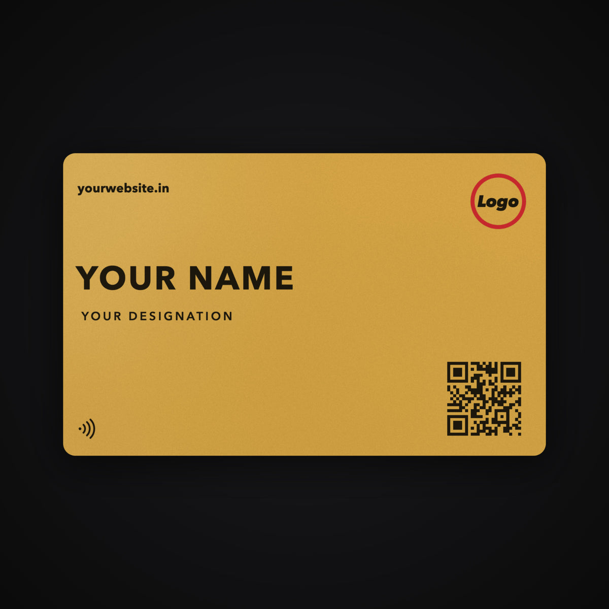 Gold hybrid stainless steel NFC business card, about 1 mm thick, with a sample name, logo, QR code and NFC symbol UV printed on it
