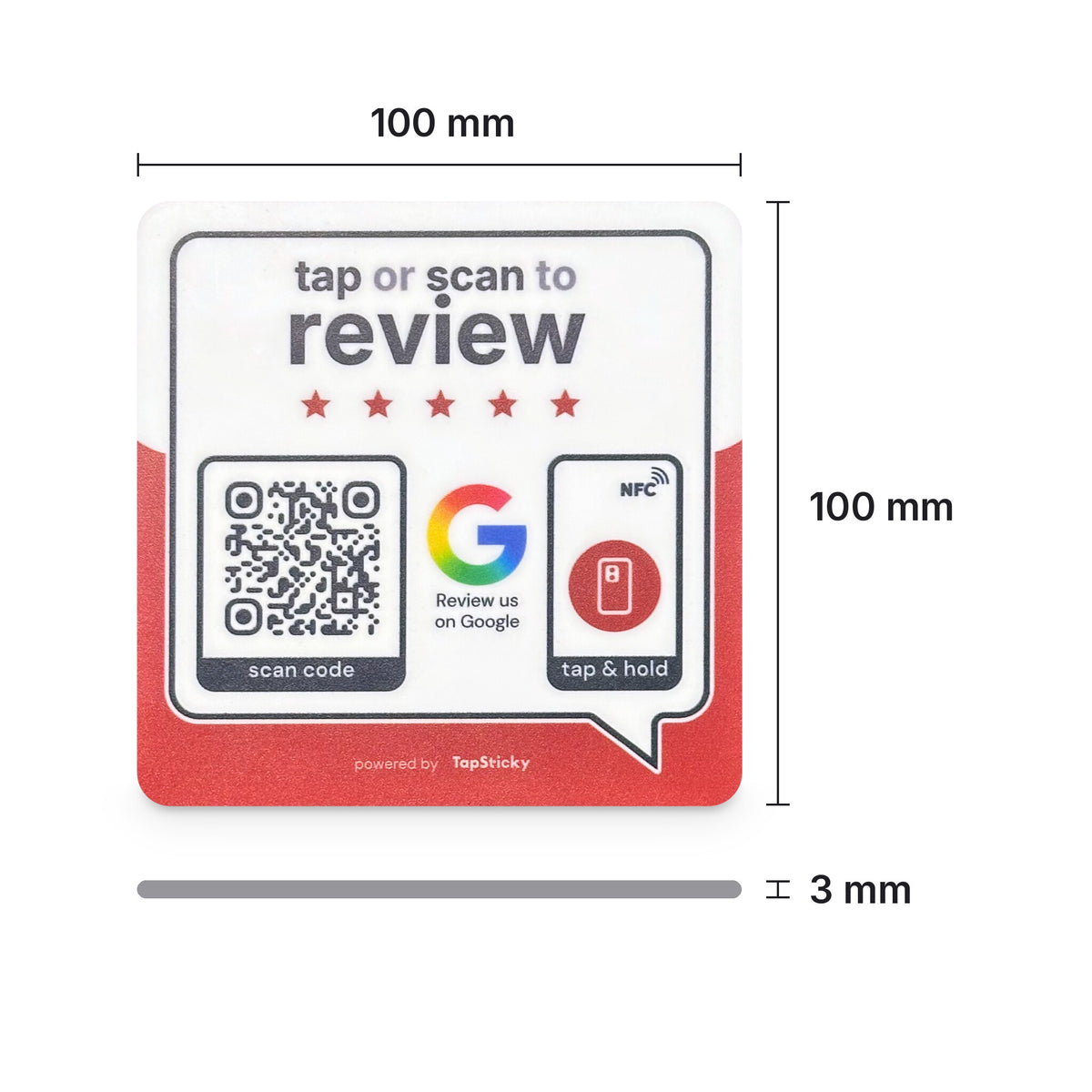 Dimensions of the review plate: 100 mm by 100 mm, 3 mm thick cast acrylic