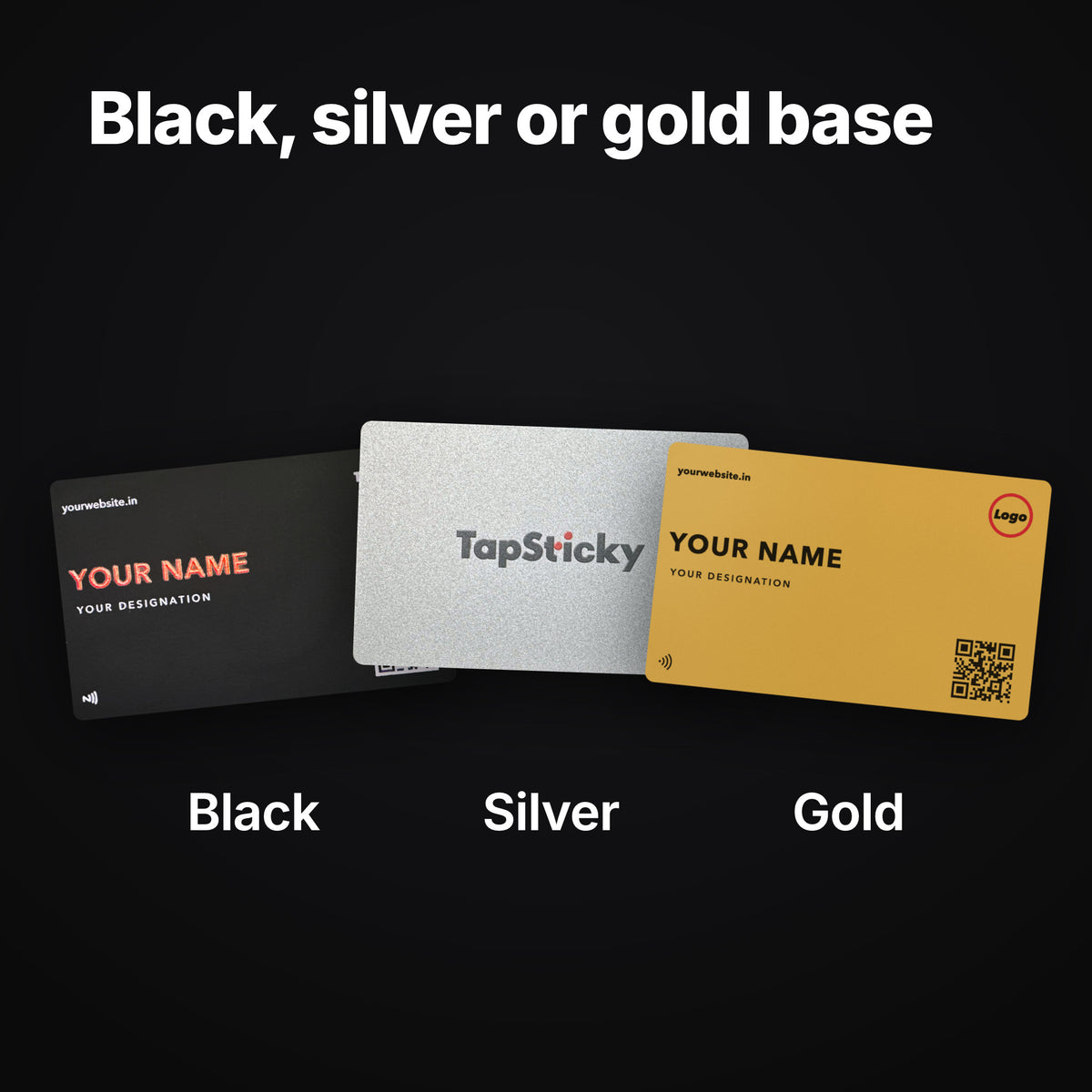 Black, silver and gold hybrid stainless steel NFC cards side by side