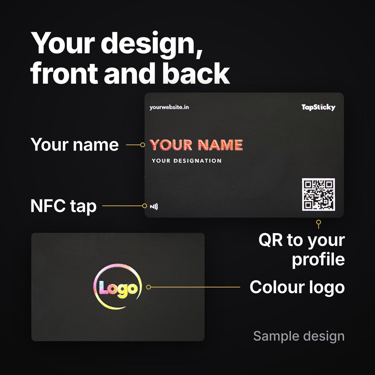 Front and back of a sample metal card: your name, a colour logo, a QR code to your profile and the NFC tap mark