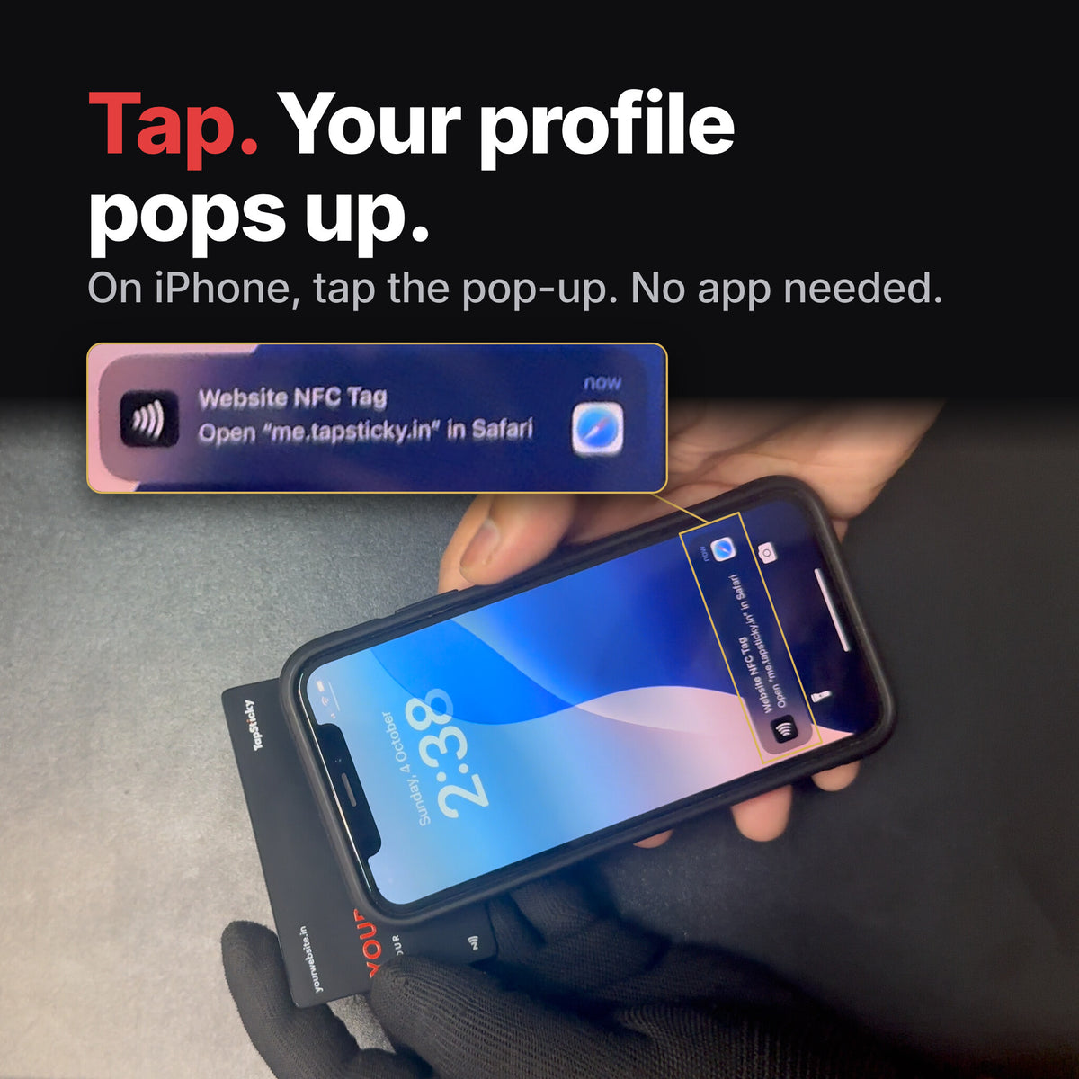 iPhone held over a black metal NFC card, showing the pop-up to open the card owner's profile, with the pop-up shown enlarged