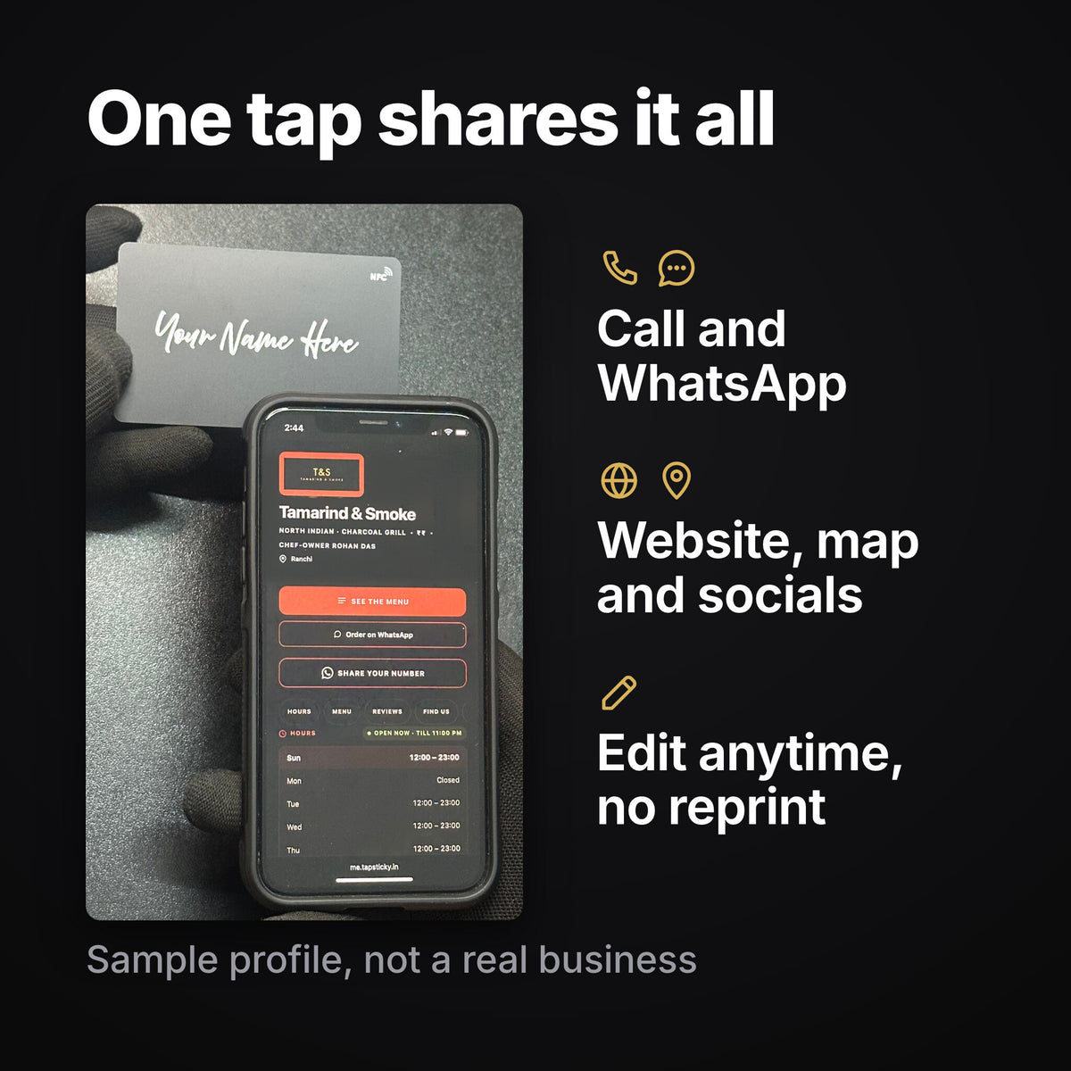 NFC card next to a phone showing a TapSticky sample profile page