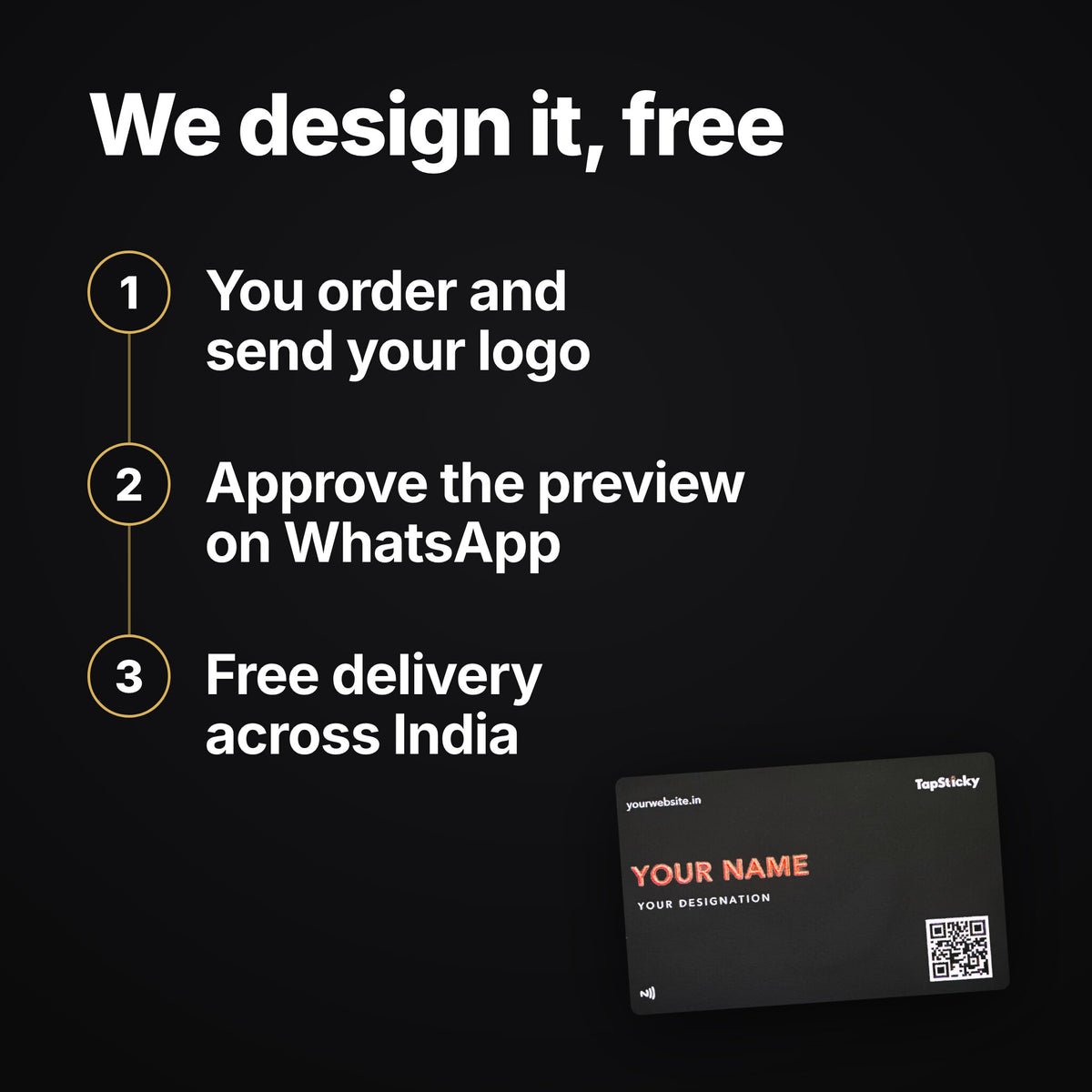 Three steps: you order and send your logo, approve the design preview on WhatsApp, free delivery across India
