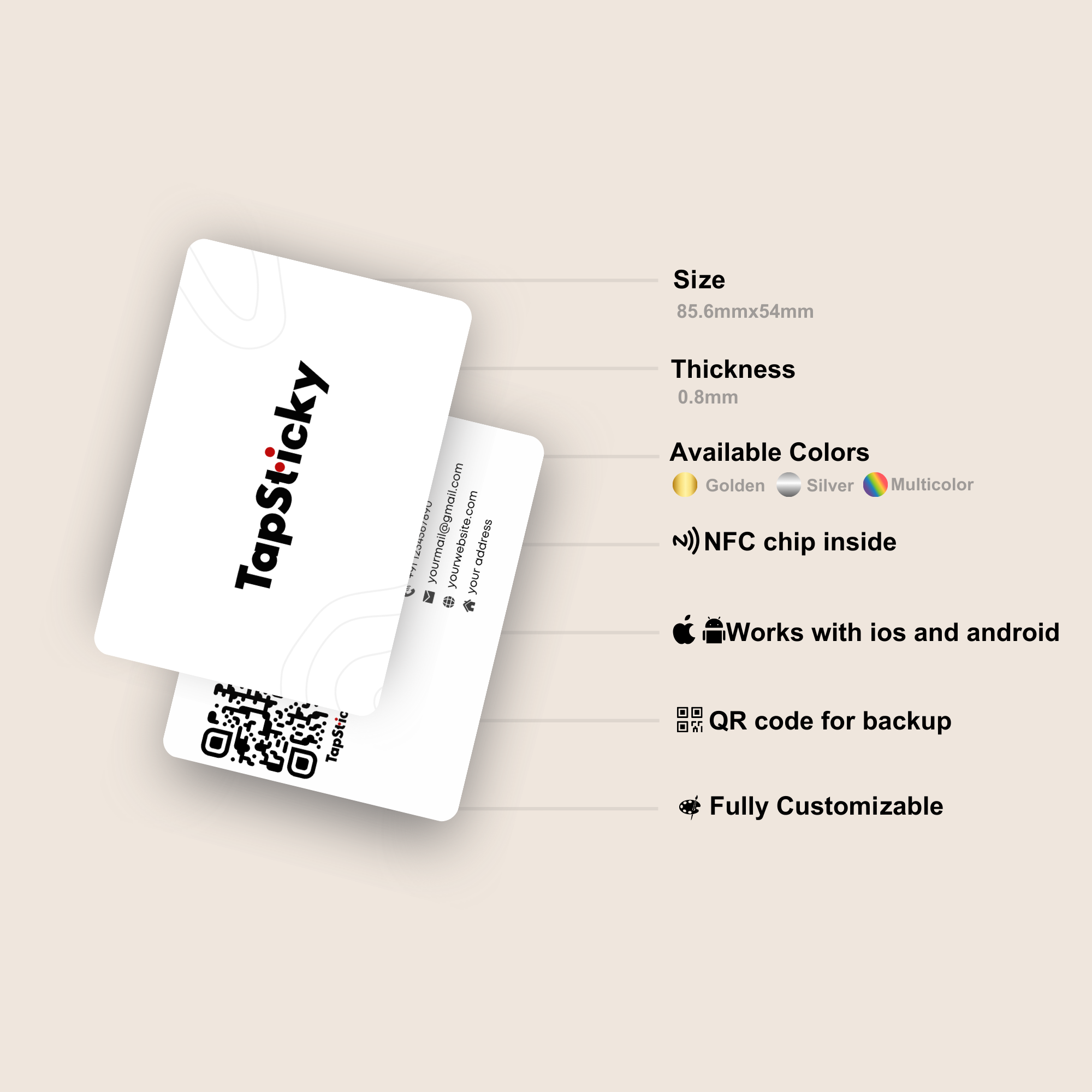 Technical specifications of TapSticky NFC card – dimensions, material, and features