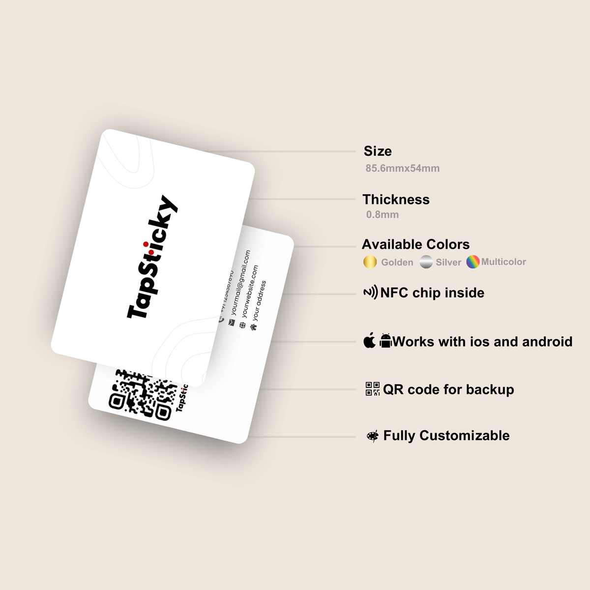 NFC business card for real estate agents specifications: 85.6 x 54 mm, 0.8 mm thick, NFC chip, QR code backup, works with iPhone and Android