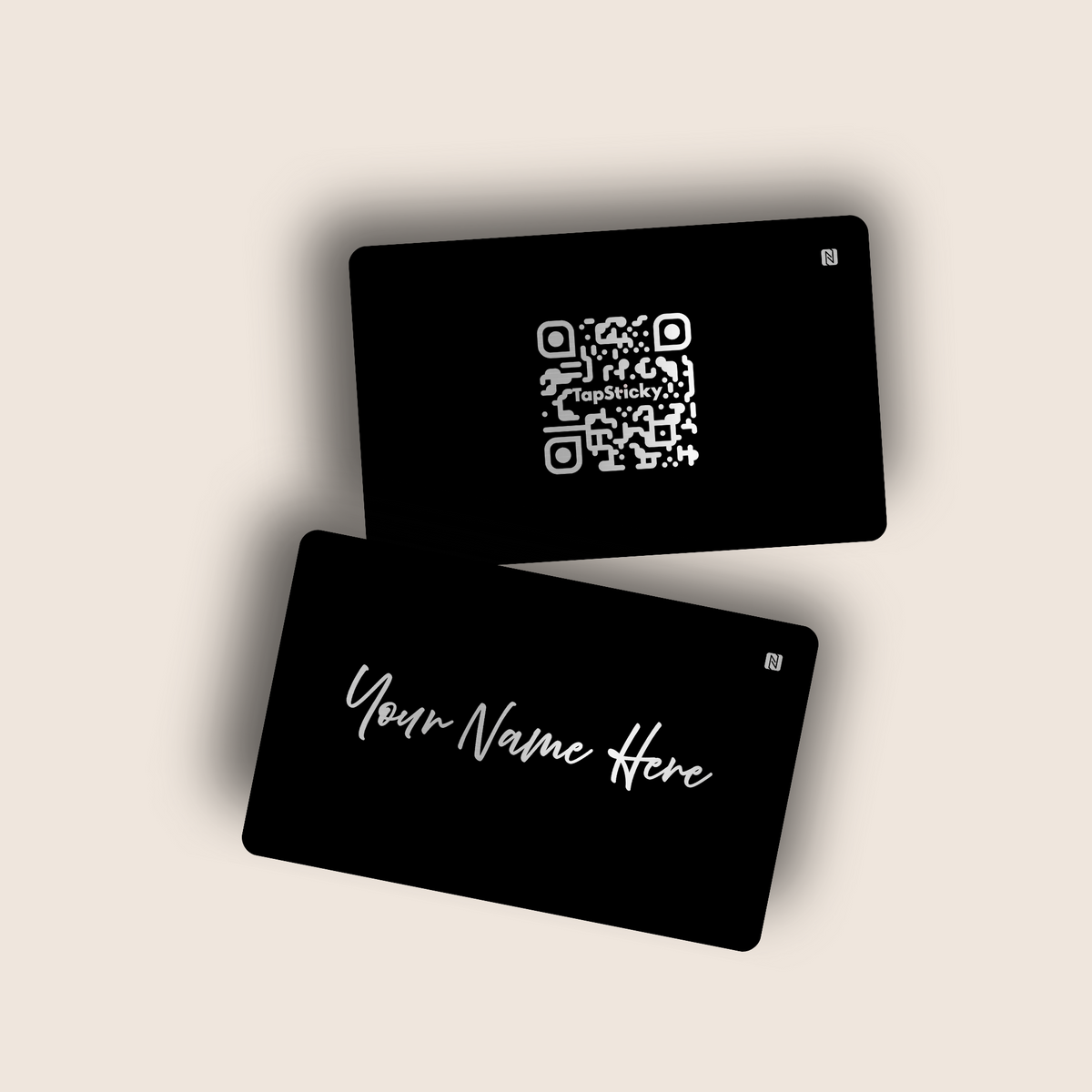 Black and silver NFC business card for real estate agents with QR code, front and back, by TapSticky