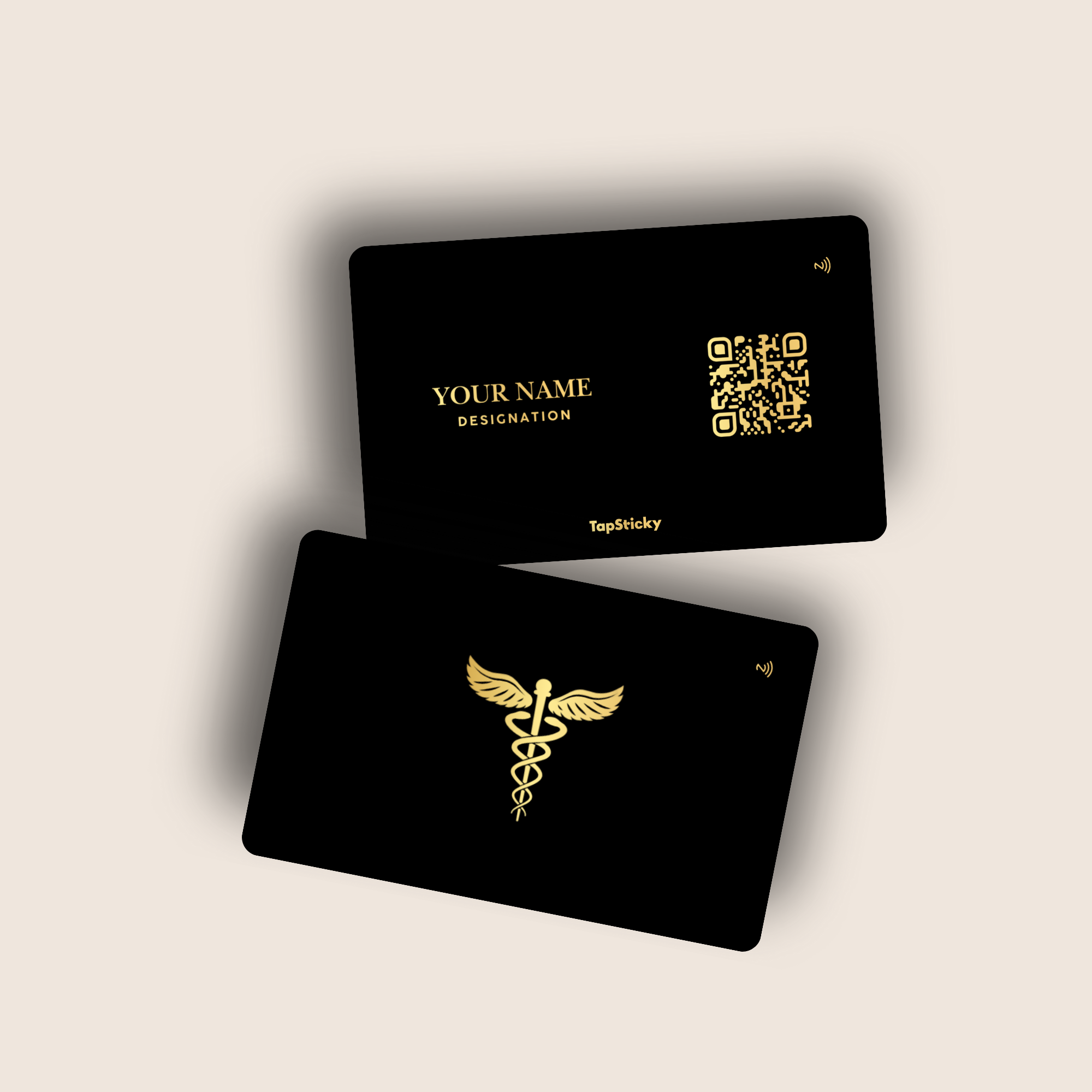 TapCare+ NFC Medical Card – personalized black-gold NFC card for doctors, clinics, and wellness by TapSticky