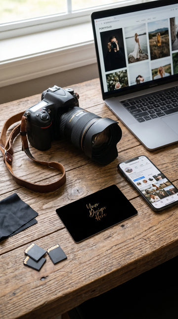 Photographer card on a desk beside a camera and a phone
