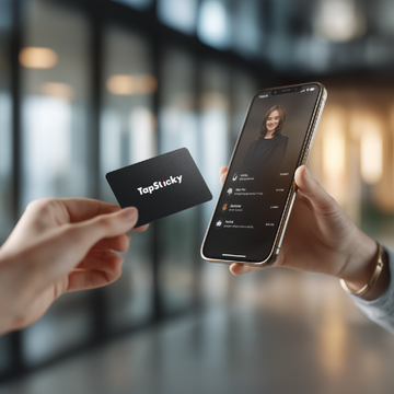 Hand tapping an NFC card on a phone that opens a profile