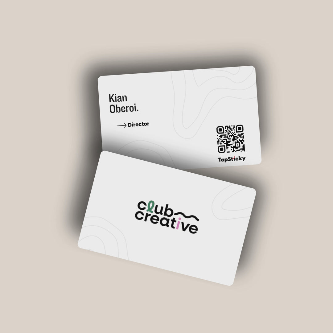 White NFC card designs shown front and back: a personal card, a Google review card, a CA card and an advocate card