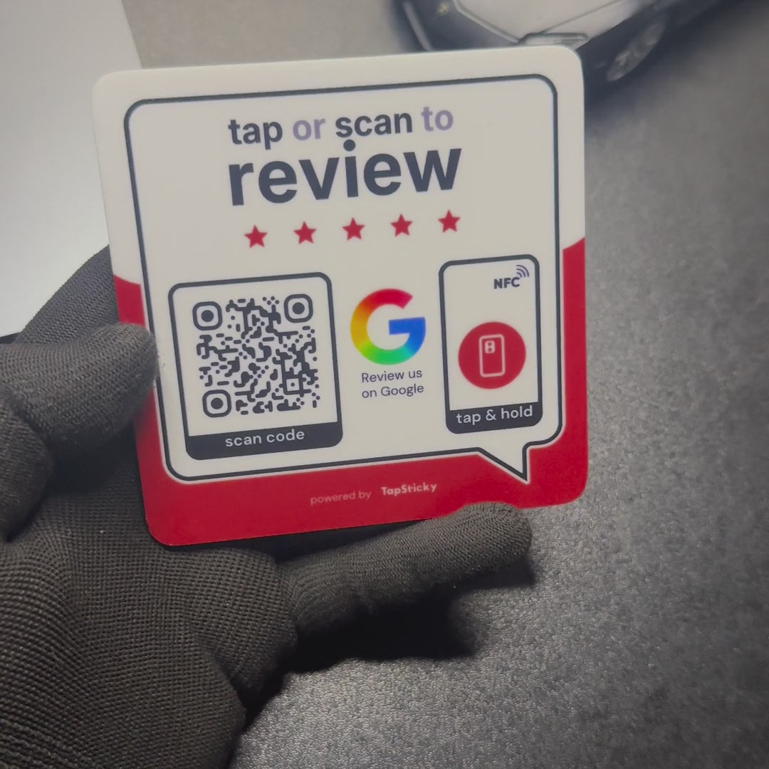 A phone taps the NFC review plate and the review page opens on the screen