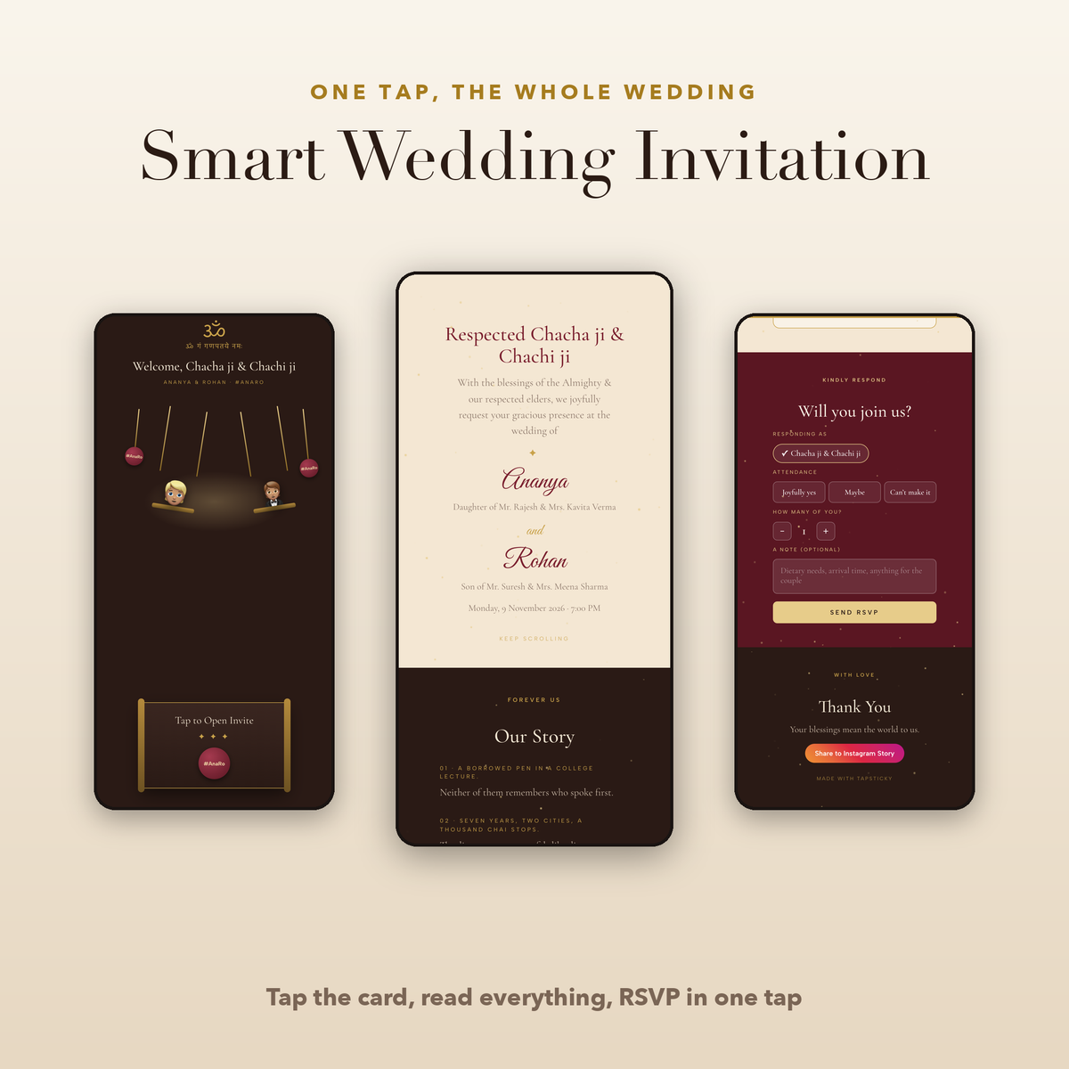 Smart Wedding Invitation on three phones: the personal greeting, the formal invitation and the RSVP