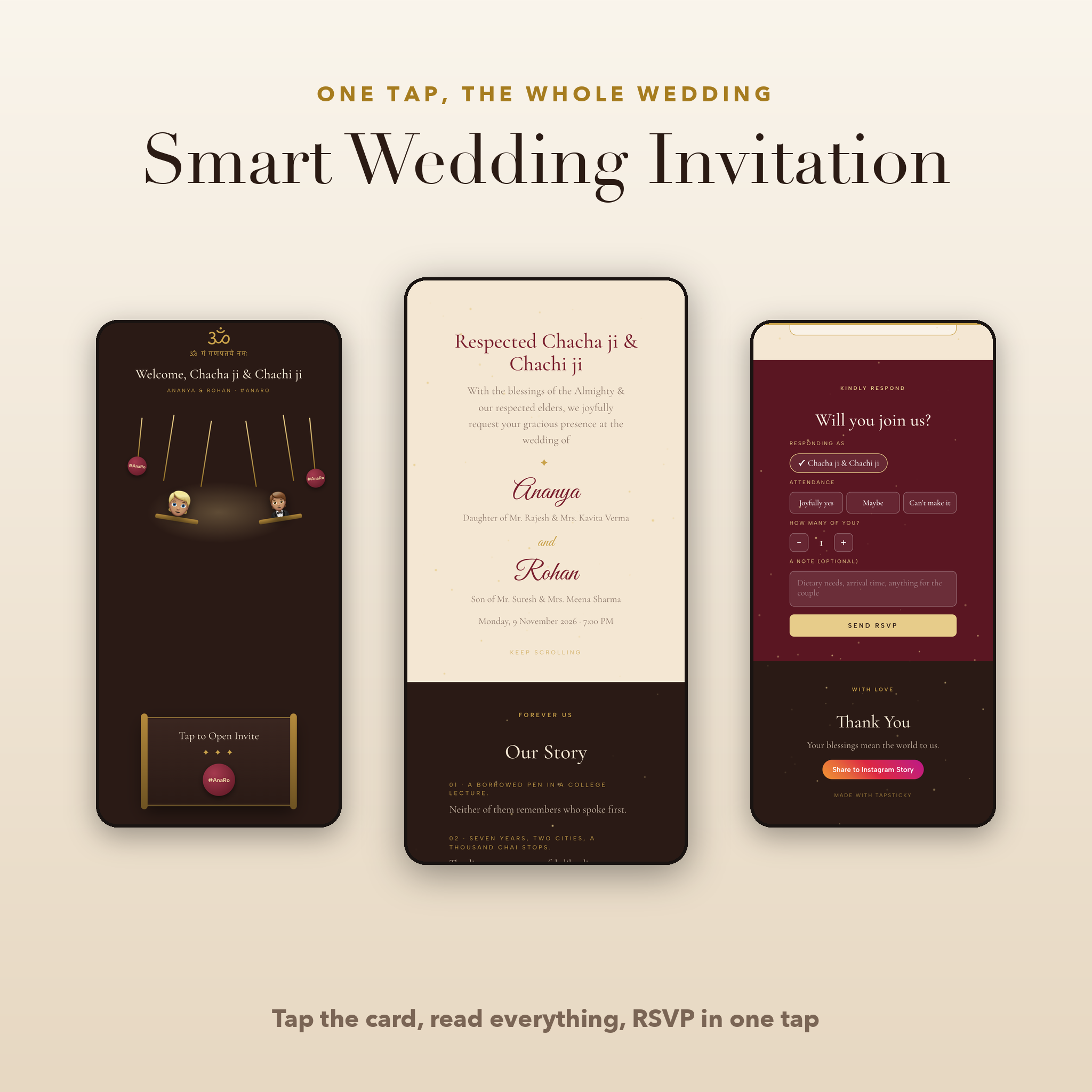 Smart Wedding Invitation on three phones: the personal greeting, the formal invitation and the RSVP