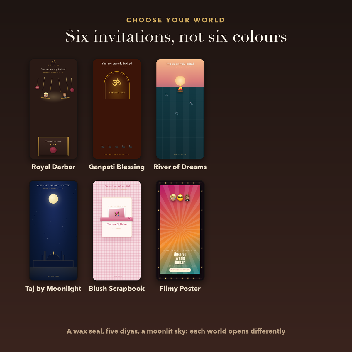 Six invitation worlds: Royal Darbar, Ganpati Blessing, River of Dreams, Taj by Moonlight, Blush Scrapbook and Filmy Poster