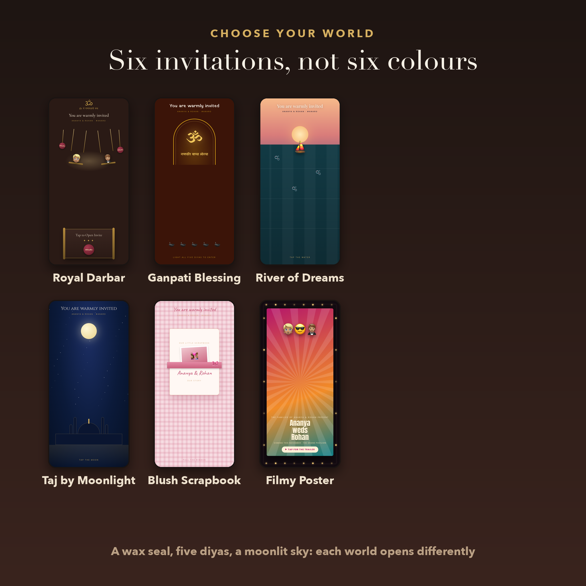Six invitation worlds: Royal Darbar, Ganpati Blessing, River of Dreams, Taj by Moonlight, Blush Scrapbook and Filmy Poster